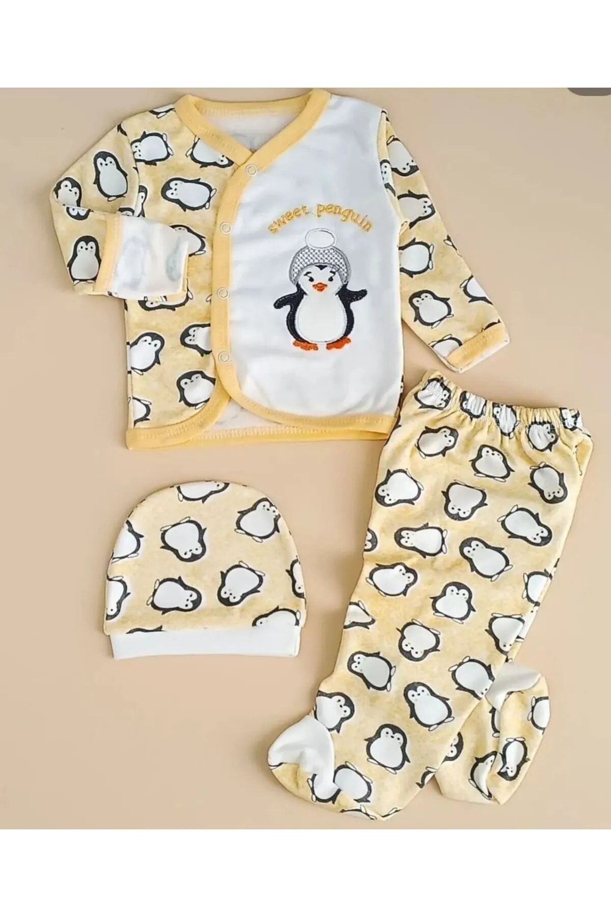 Penguen Desenli 3 Parça Kendinden Eldivenli Zıbın Set Bebek Takımı
