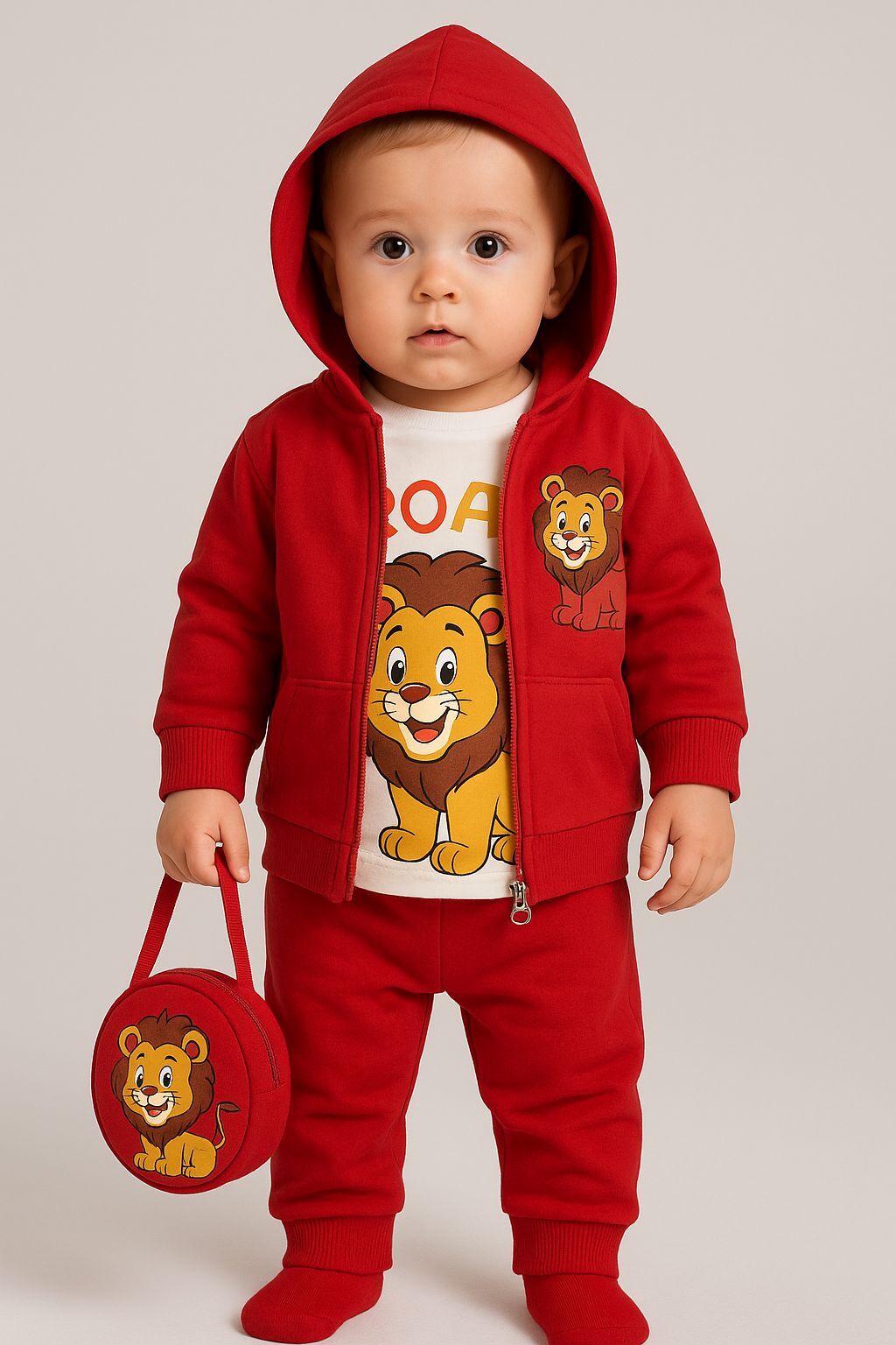 ERKEK BEBEK HIRKALI ÇANTALI ASLAN MODELLİ 4 PARÇA RAHAT TAKIM