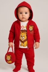ERKEK BEBEK HIRKALI ÇANTALI ASLAN MODELLİ 4 PARÇA RAHAT TAKIM