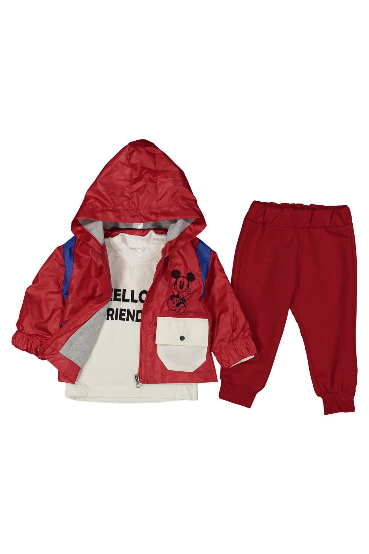 ERKEK BEBEK ÇOCUK KAPÜŞONLU YAĞMURLUKLU MİCKEY MOUSE NAKIŞLI 3 PARÇA TAKIM