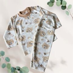 ERKEK KIZ UNİSEX BEBEK ÇOCUK AYI DESENLİ RAPORLU KAŞKORSE PİJAMA TAKIMI