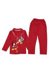 Unisex Kız/erkek Kırmızı Mickey Mouse Ve Donald Duck Baskılı 2 Parça Pijama Takımı