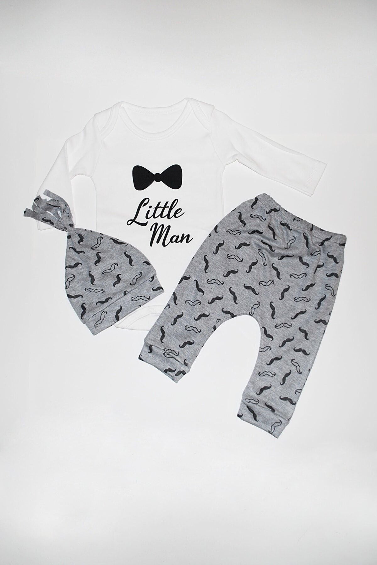 Little Man Baskılı 3'lü Erkek Bebek Takım Gri̇ - 6-9 Ay