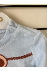 Bebek Çıt Çıtlı Şapkalı Kadife Maymun Baskılı Tulum Mavi̇ - 6 Ay