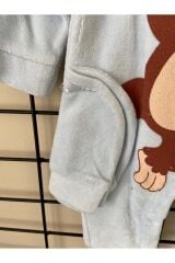 Bebek Çıt Çıtlı Şapkalı Kadife Maymun Baskılı Tulum Mavi̇ - 9 Ay