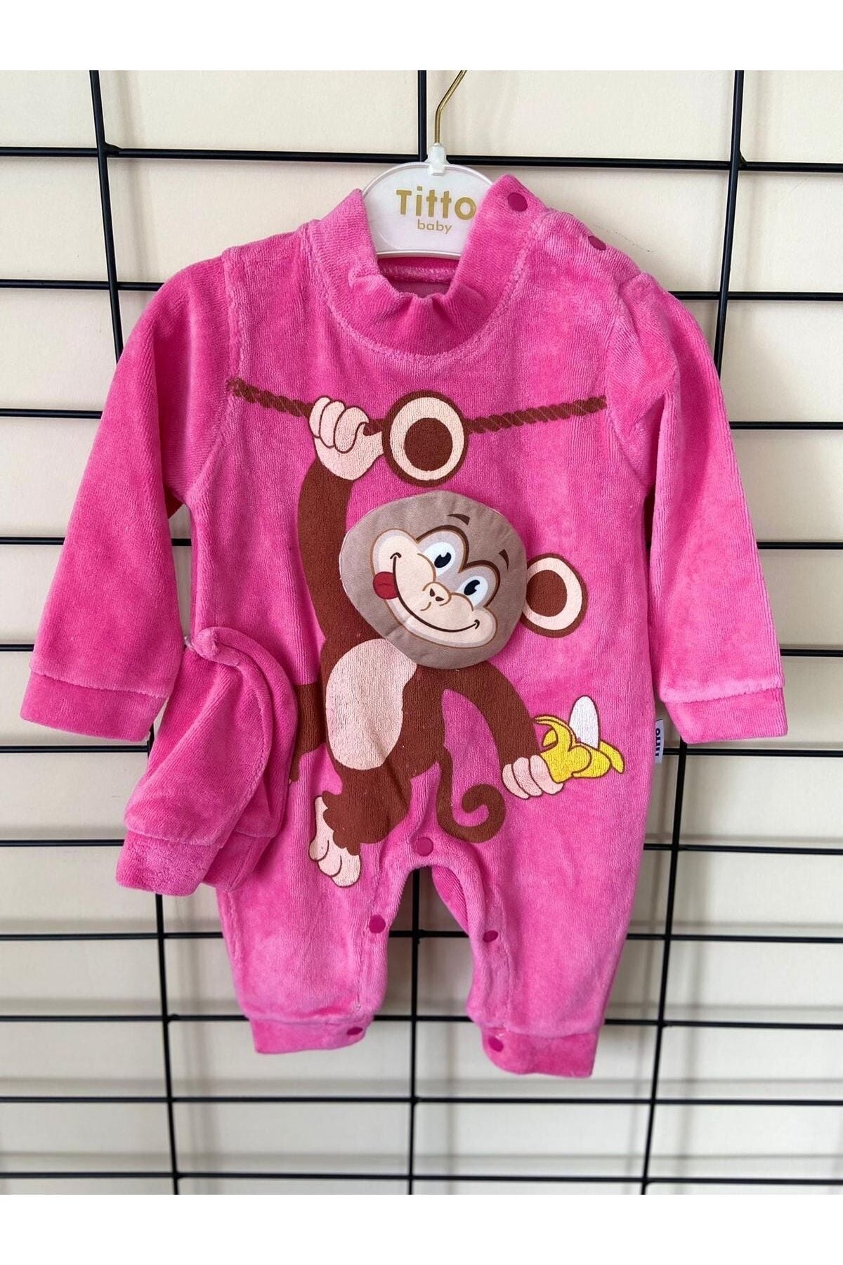 Bebek Çıt Çıtlı Şapkalı Kadife Maymun Baskılı Tulum Pembe - 0-3 Ay