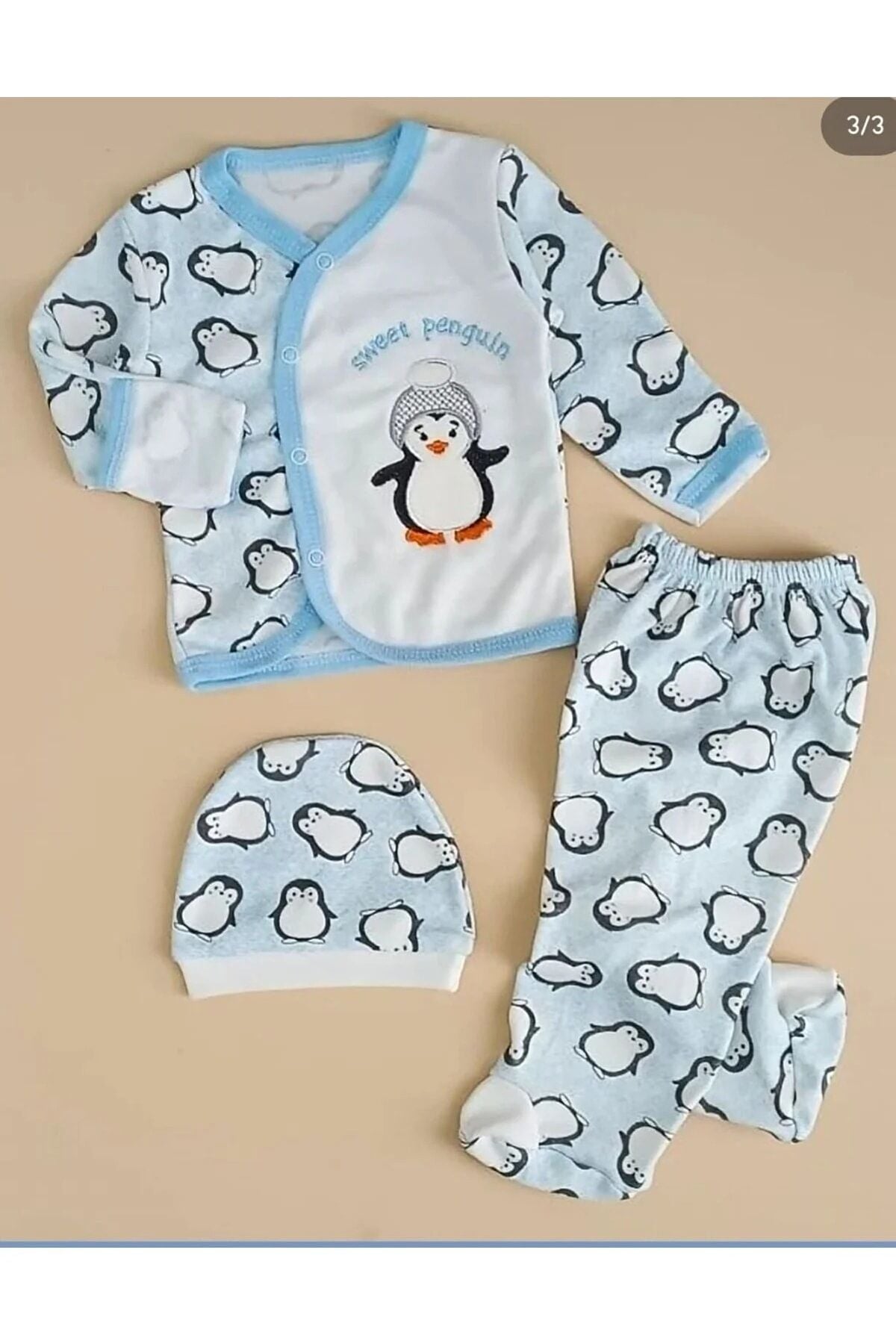 Penguen Desenli 3 Parça Kendinden Eldivenli Zıbın Set Bebek Takımı Mavi - 0-3 Ay