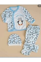 Penguen Desenli 3 Parça Kendinden Eldivenli Zıbın Set Bebek Takımı Mavi - 0-3 Ay