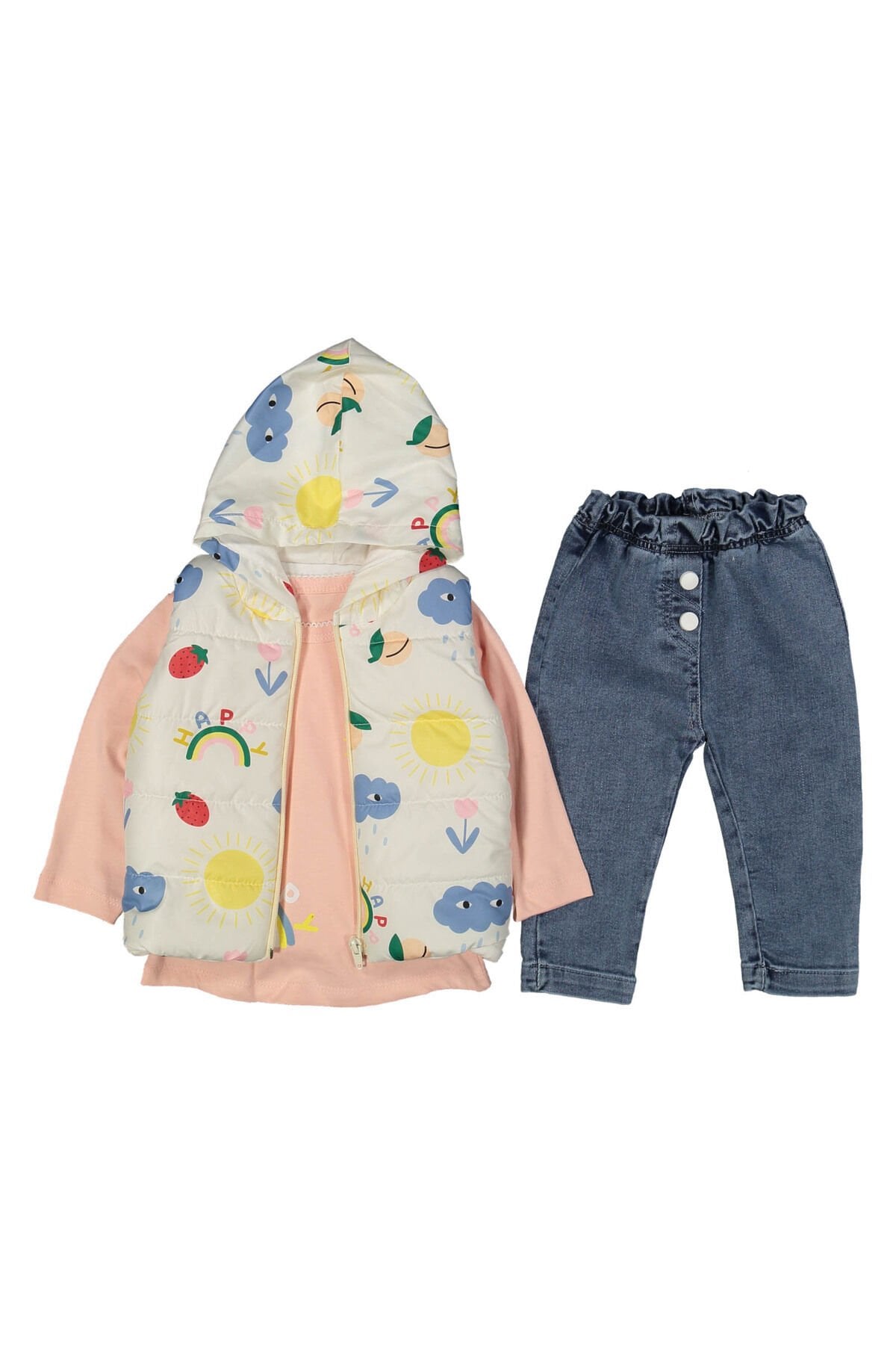 Kız Bebek Çocuk Kapüşonlu Yağmurluk Yelekli Kot Pantolonlu 3 Parça Takım Somon - 9-12